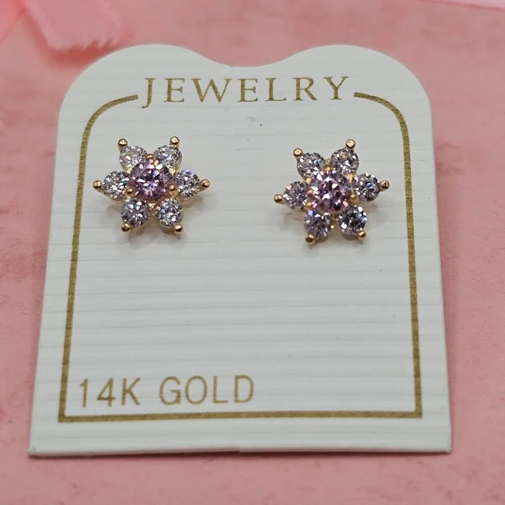 14KT Italian Gold Flower CZ Screw Back Stud Earrings October